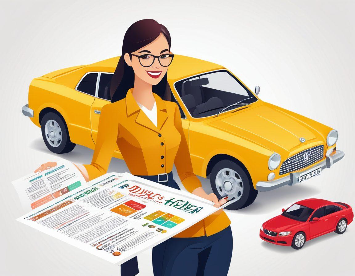 A vibrant infographic showcasing essential tips for finding budget-friendly auto insurance plans, featuring a cheerful person holding a magnifying glass over an insurance policy, with dollar signs, cars, and road signs as decorative elements. Bright colors and clear text for easy readability. modern vector art. vibrant colors. white background.