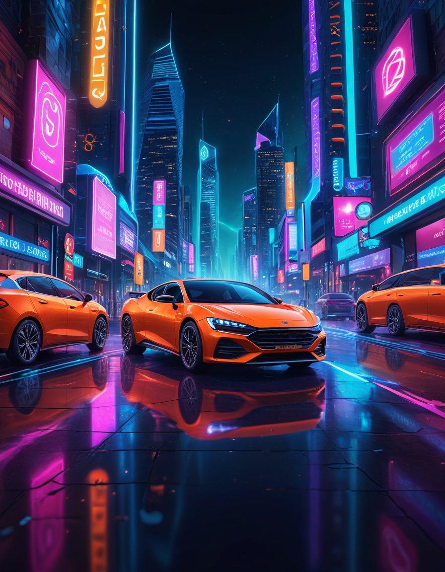 A futuristic digital interface showcasing auto insurance options, with vibrant car illustrations and instant quote bubbles popping up. Include diverse people engaging with the platform on their devices, surrounded by icons of customization and security. The background should depict a sleek urban environment with glowing neon elements. super-realistic. vibrant colors. 3D.