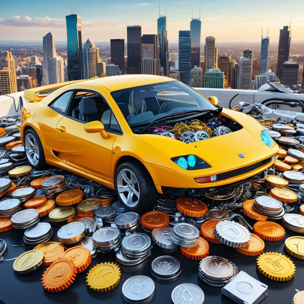 An open car hood revealing a complex network of gears and circuits metaphorically unlocked by a key, representing the secrets of affordable automobile coverage. Surrounding the car, stacks of floating coins symbolizing budget-friendly options and insurance documents. In the background, a cityscape with diverse automobiles, emphasizing variety in auto insurance. Bright, inviting colors to evoke a sense of guidance and opportunity. super-realistic. vibrant colors. white background.